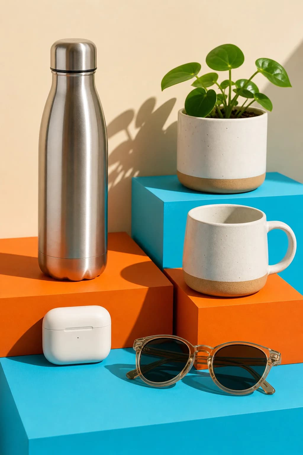 Everyday products on orange and cyan plinths